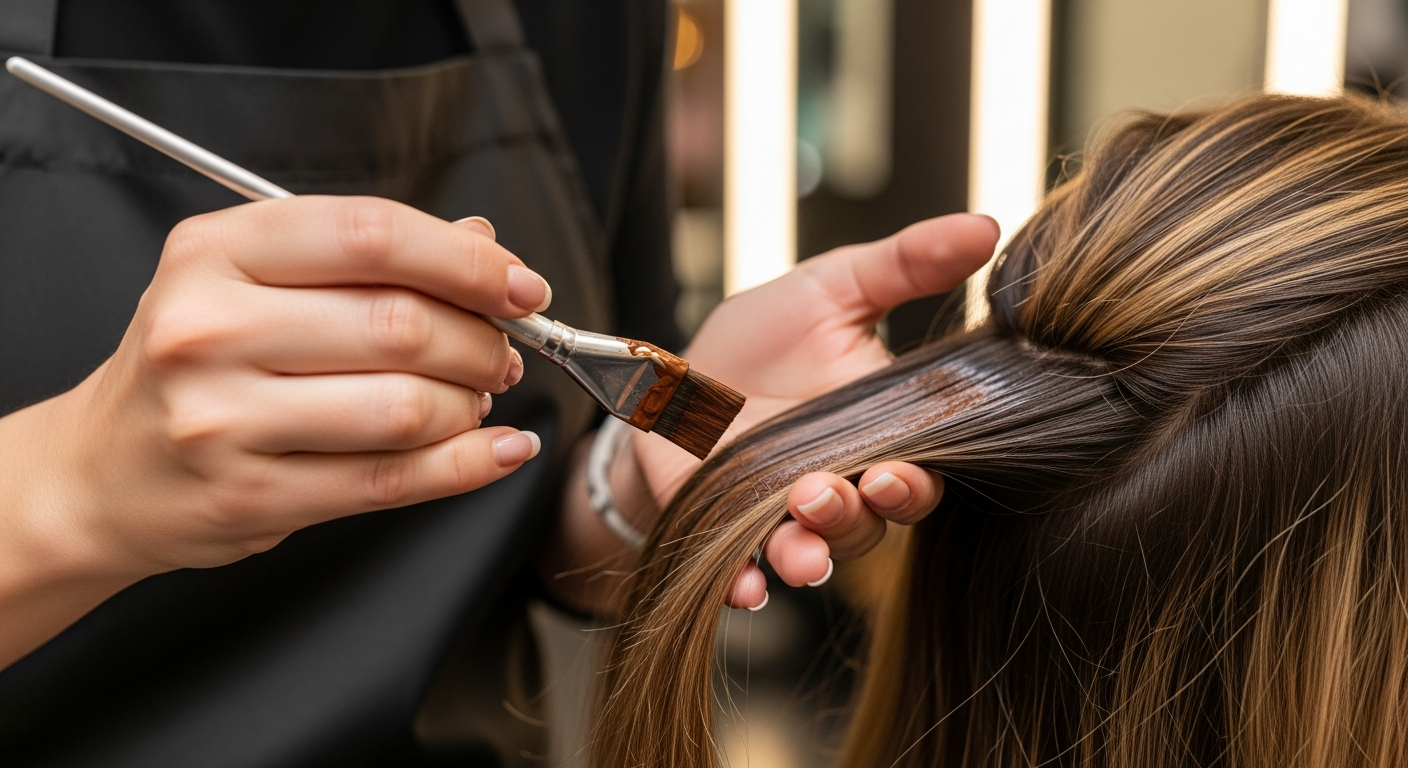 Coloriste professionnelle appliquant une coloration au pinceau sur les cheveux d'une cliente en salon, gros plan sur les mains et les cheveux