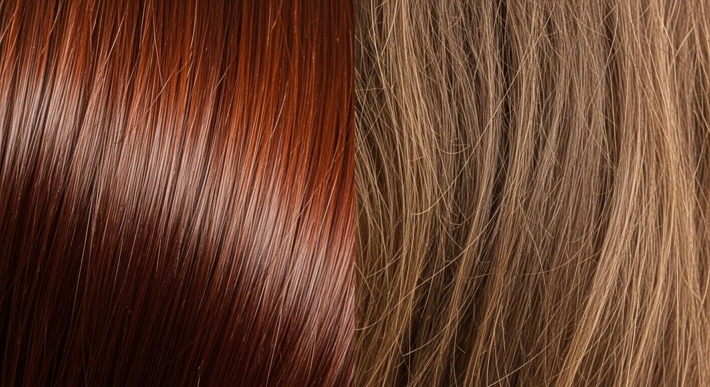 Comparaison entre cheveux colores brillants et sains versus cheveux secs et abimes par l'ammoniaque