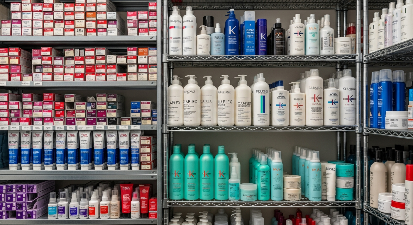 Etageres de produits capillaires professionnels : tubes de coloration, shampoings, oxydants et soins