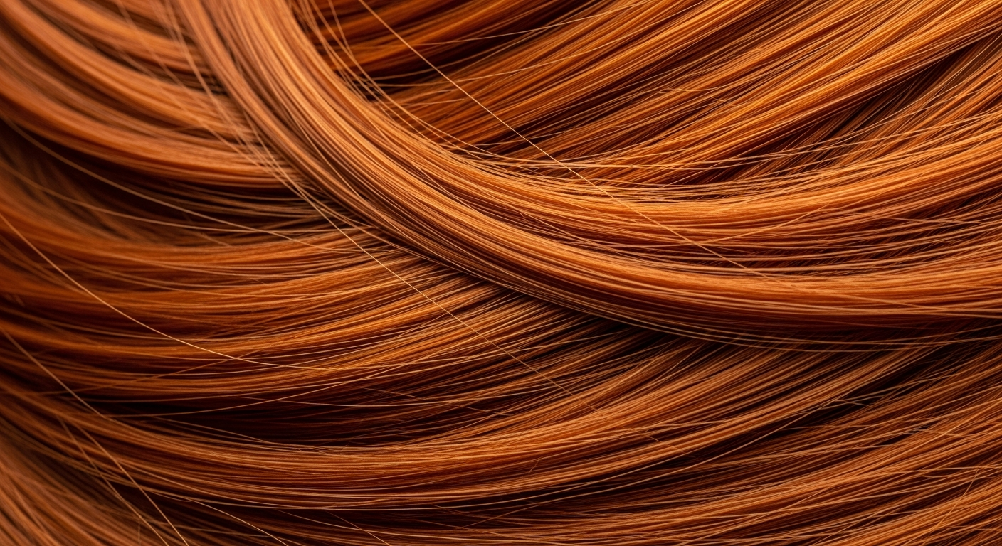 Cheveux colorés cuivré-rouge éclatants avec des reflets lumineux et une brillance intense