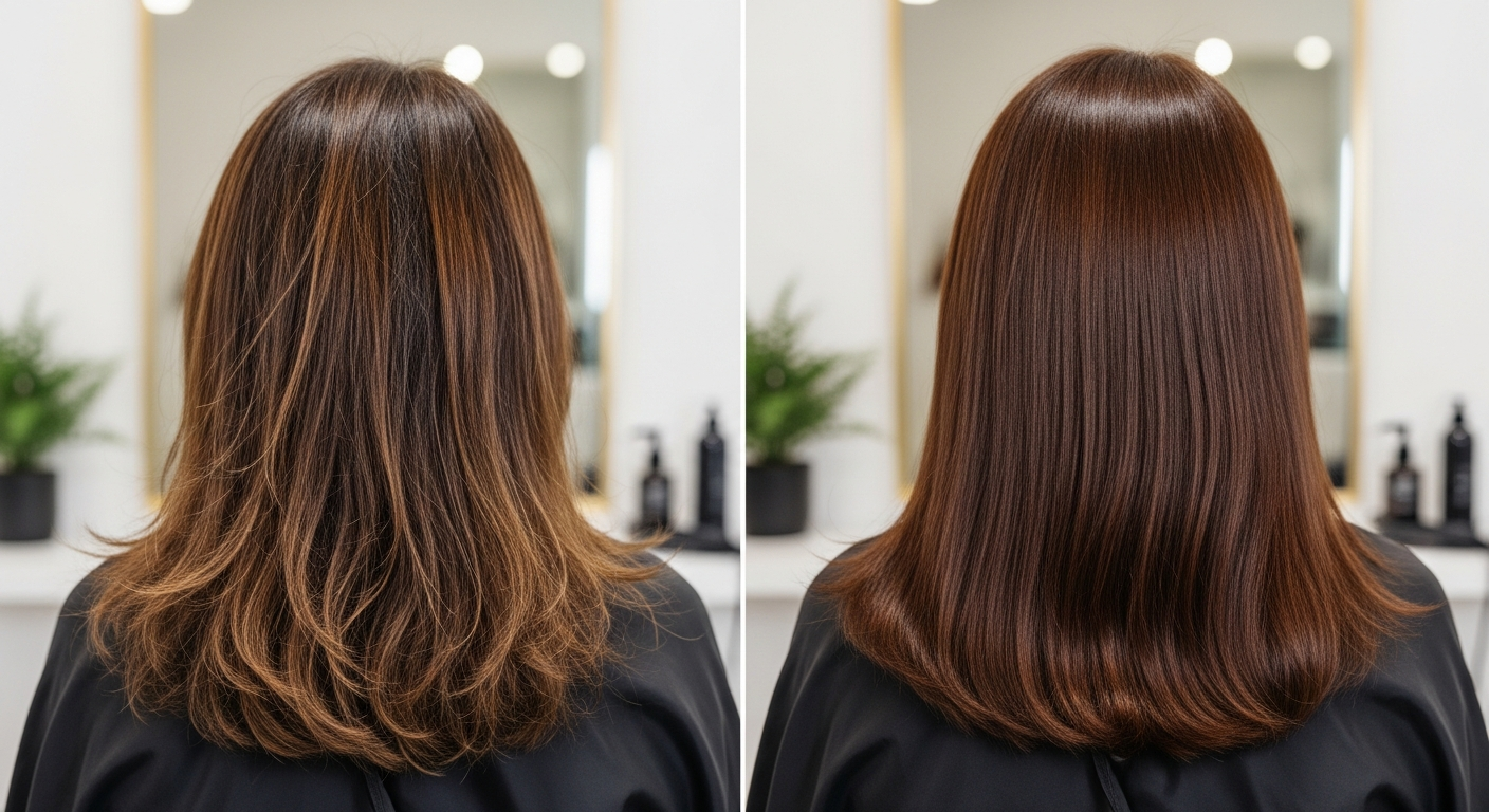 Comparaison avant/apres d'une couverture de cheveux blancs avec coloration professionnelle : racines grises a gauche, couverture parfaite en chatain chaud a droite