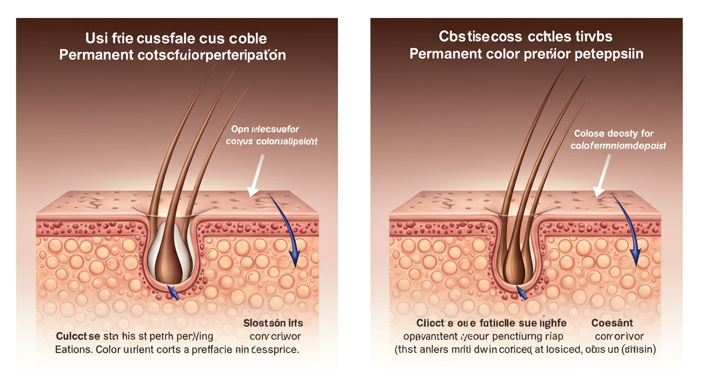 Schema en coupe de la cuticule du cheveu : ecailles ouvertes pour la coloration permanente vs ecailles fermees pour la semi-permanente