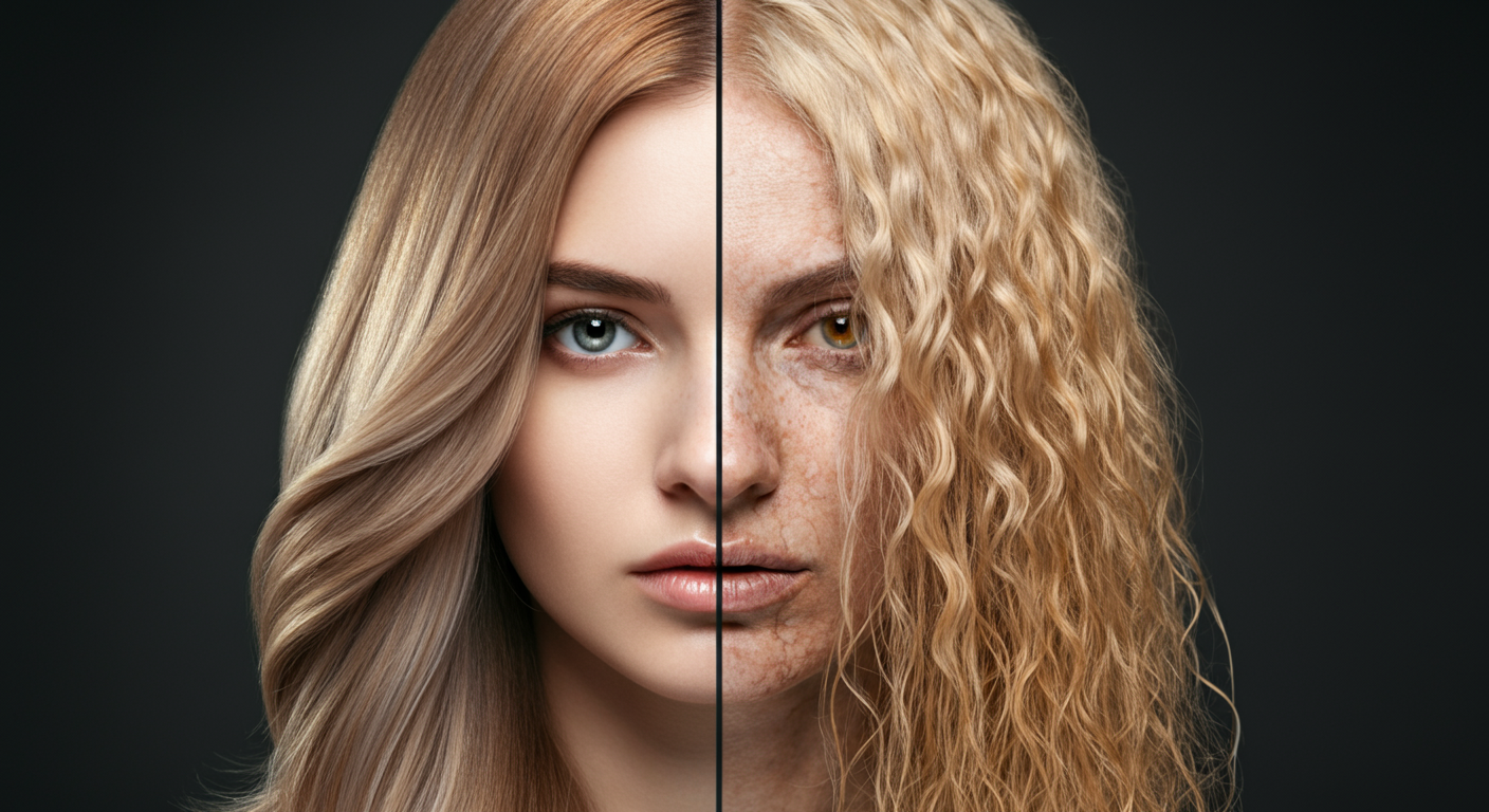 Comparaison cheveux sains avec bon oxydant versus cheveux abimes avec oxydant trop fort