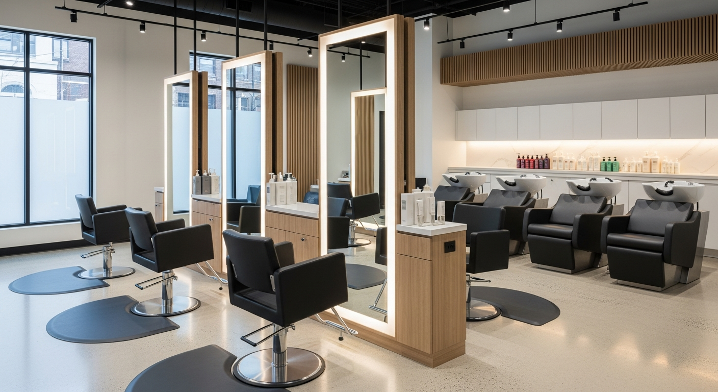 Interieur moderne de salon de coiffure avec fauteuils professionnels, bacs a shampoing et miroirs LED
