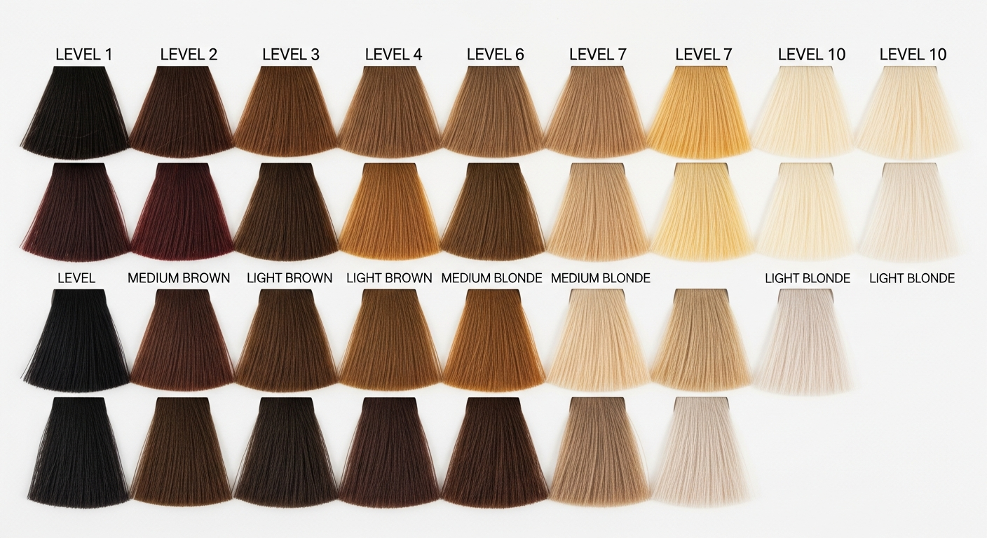 Nuancier professionnel montrant les 10 hauteurs de ton, du noir (1) au blond platine (10)