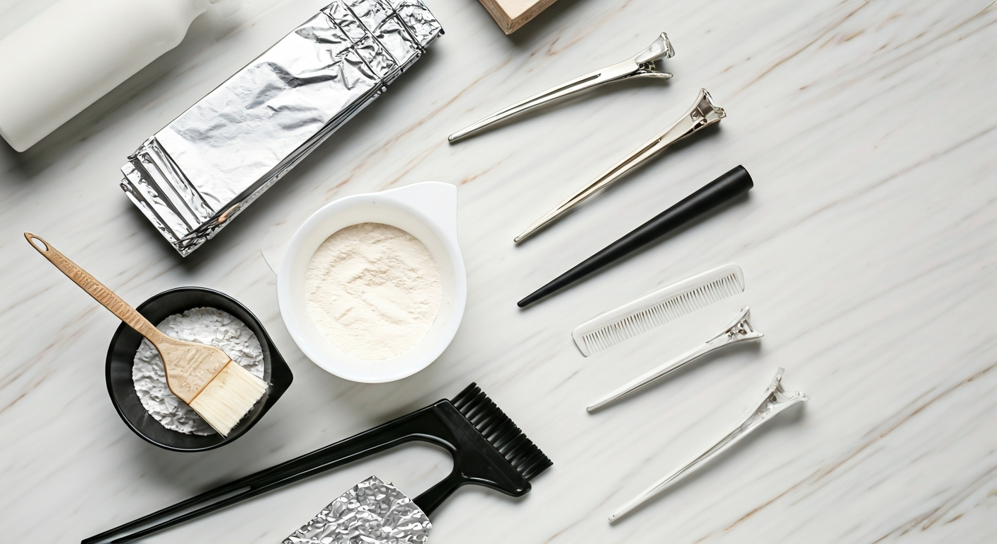 Outils professionnels pour balayage : papier aluminium, pinceau, bol, pinces, peigne à queue et poudre décolorante disposés sur plan de travail