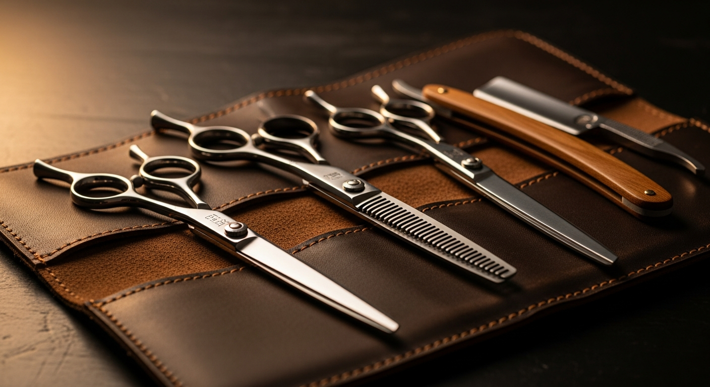 Collection de ciseaux de coiffure professionnels, ciseaux sculpteurs et rasoir sur etui en cuir