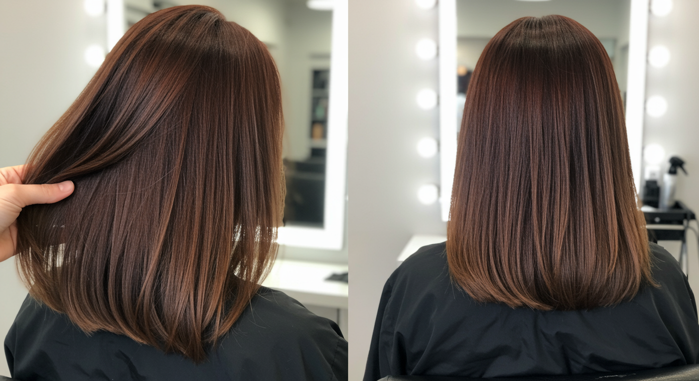 Resultat d'une coloration permanente professionnelle : chatain profond aux reflets chauds et lumineux
