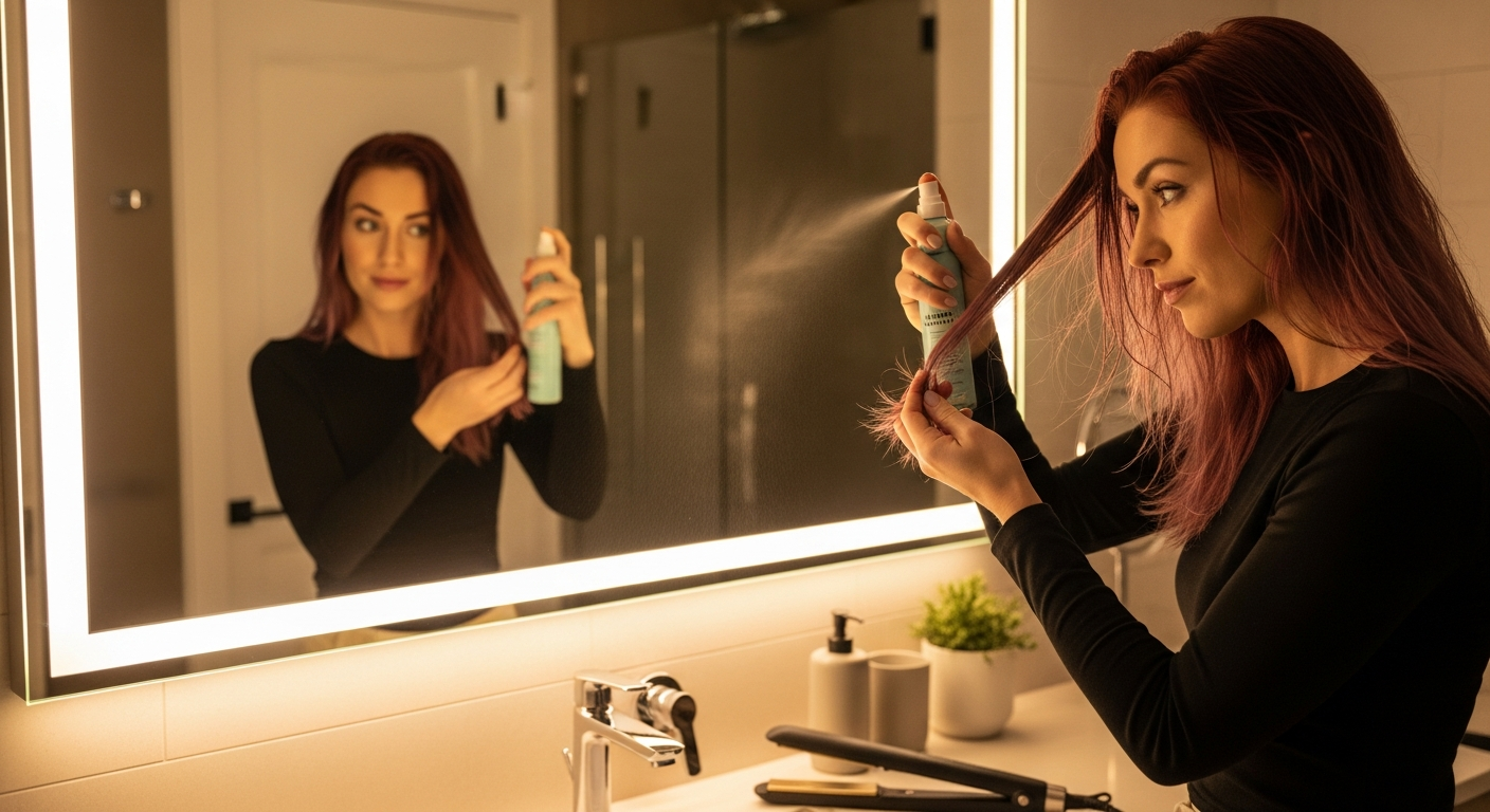 Application d'un spray thermoprotecteur sur cheveux colorés avant utilisation du lisseur