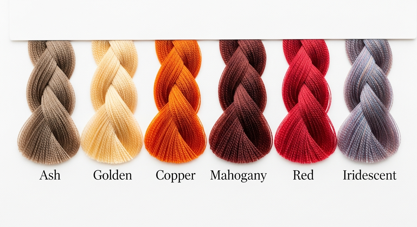 Six meches de cheveux montrant les reflets cendre, dore, cuivre, acajou, rouge et irise