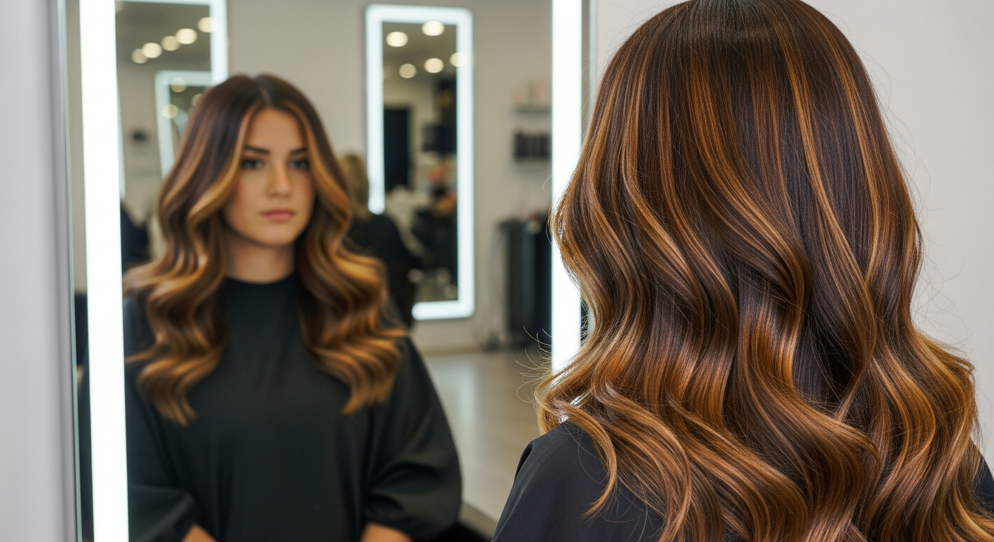 Résultat d'une coloration professionnelle en salon : cheveux bruns multidimensionnels avec reflets chauds et brillance