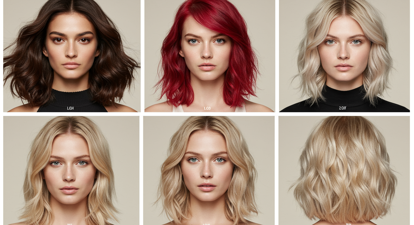 Quatre résultats de coloration professionnelle : brun profond, rouge vibrant, blond chaud et blond cendré froid