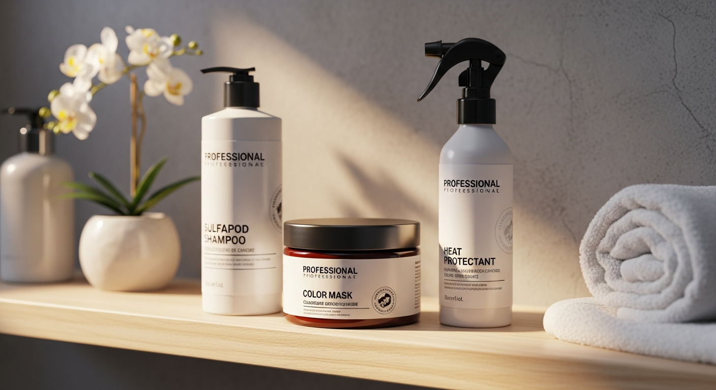 Produits capillaires professionnels pour cheveux colorés : shampoing sans sulfate, masque couleur et spray thermoprotecteur
