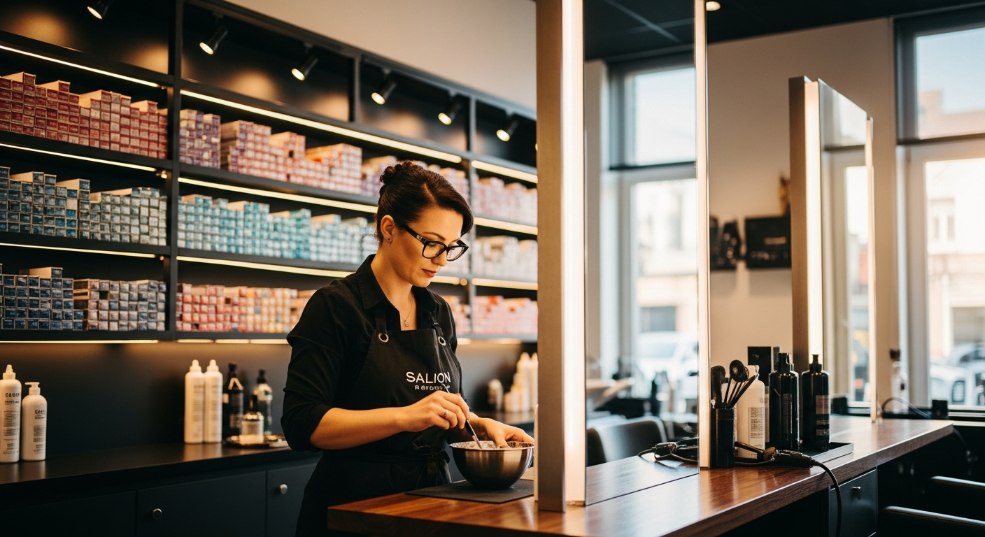 Coloriste professionnelle travaillant dans un salon de coiffure haut de gamme, entourée de tubes de coloration