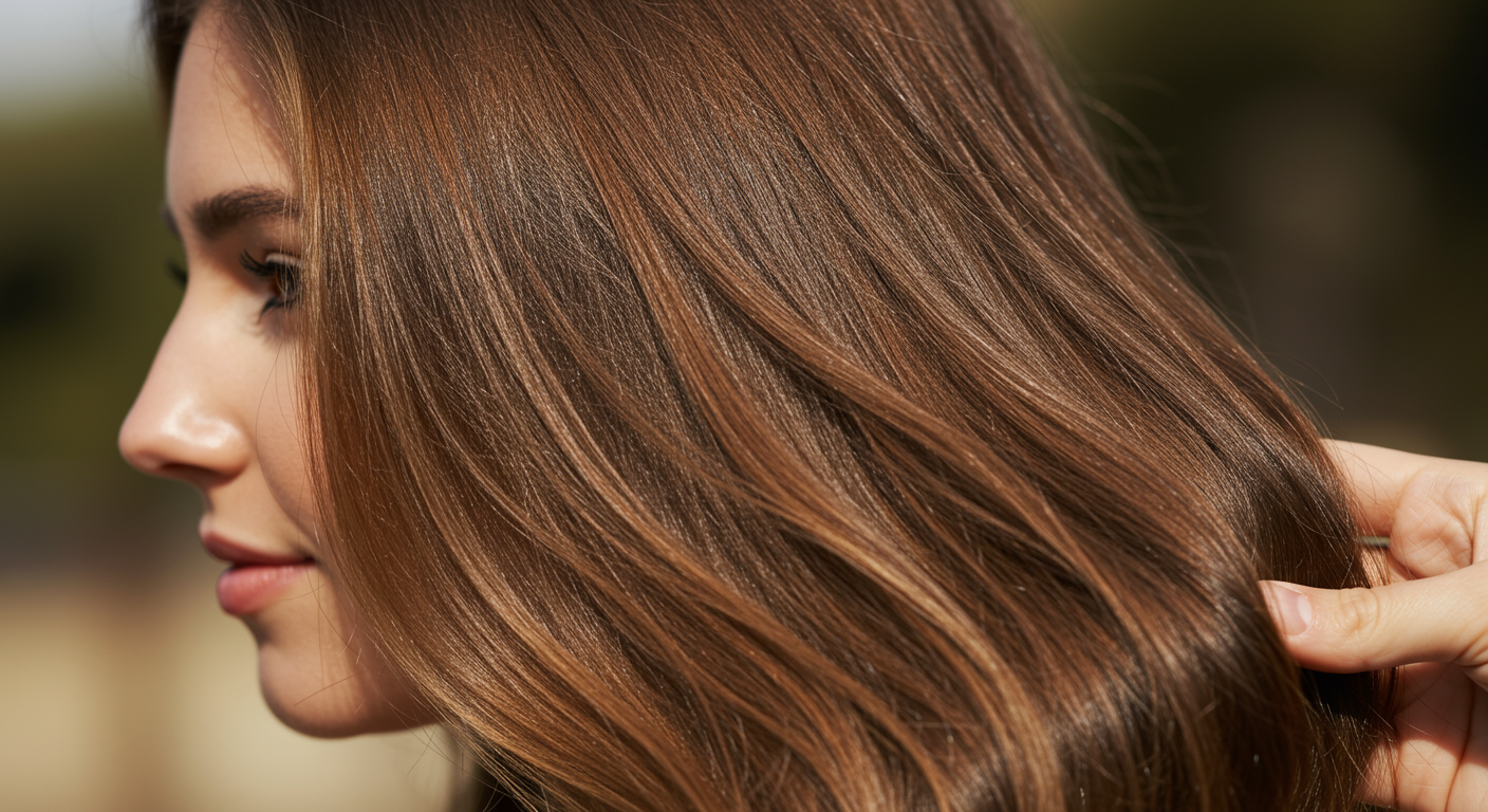 Resultat d'une coloration semi-permanente : chatain naturel brillant avec des reflets subtils et transparents