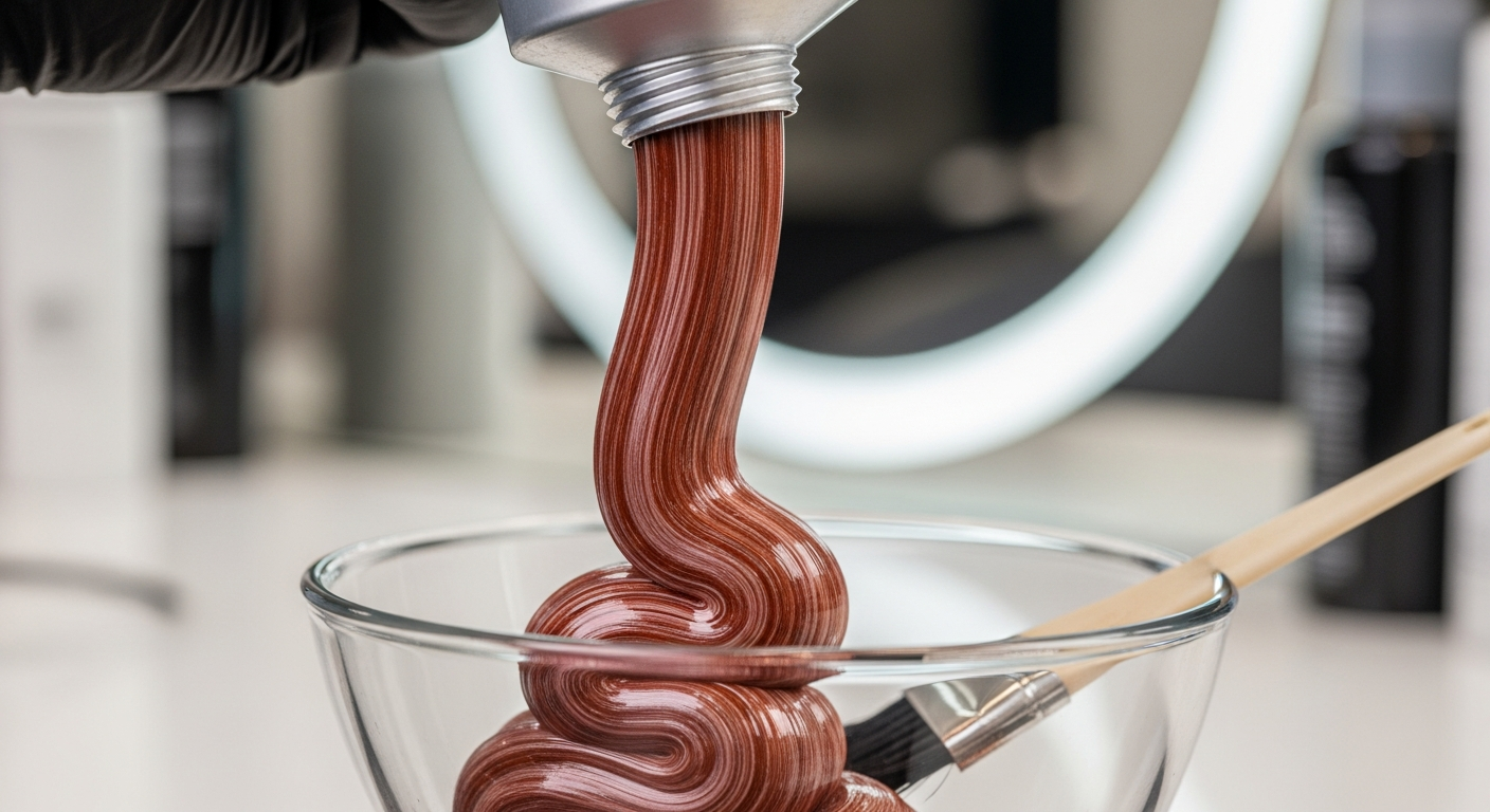 Texture crème d'une coloration professionnelle sortant du tube dans un bol de mélange en salon