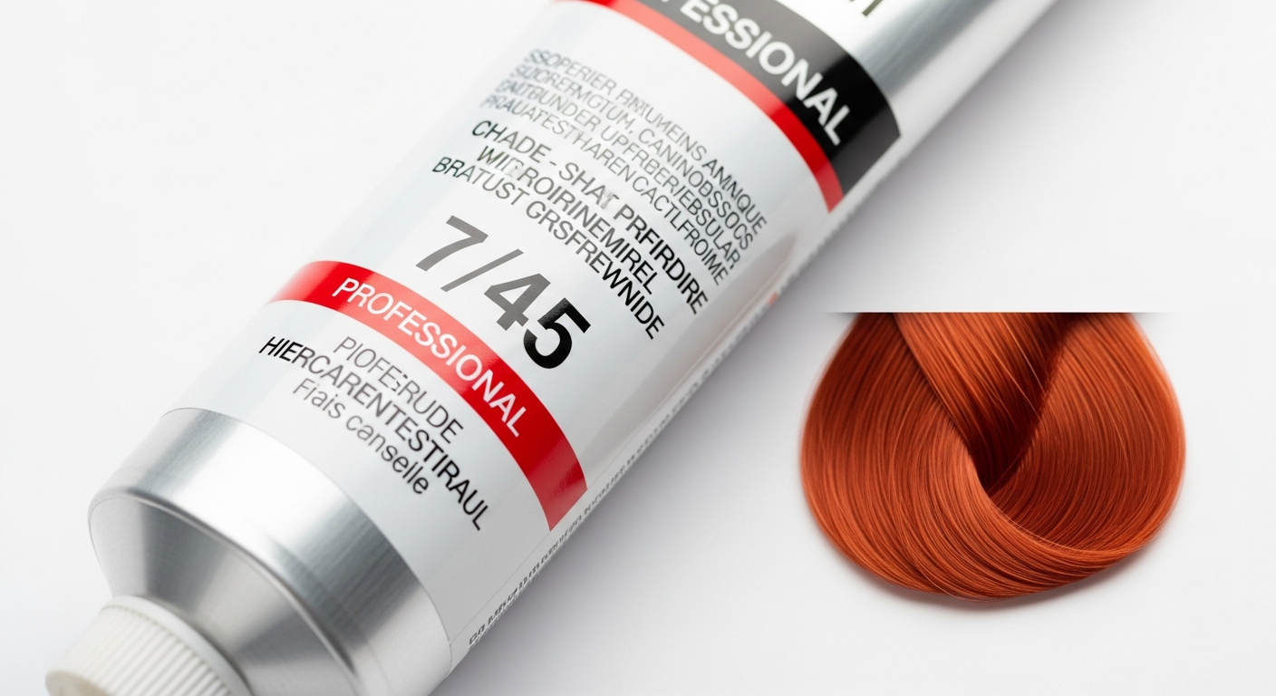 Gros plan sur un tube de coloration professionnelle affichant le numero 7/45 avec son echantillon couleur
