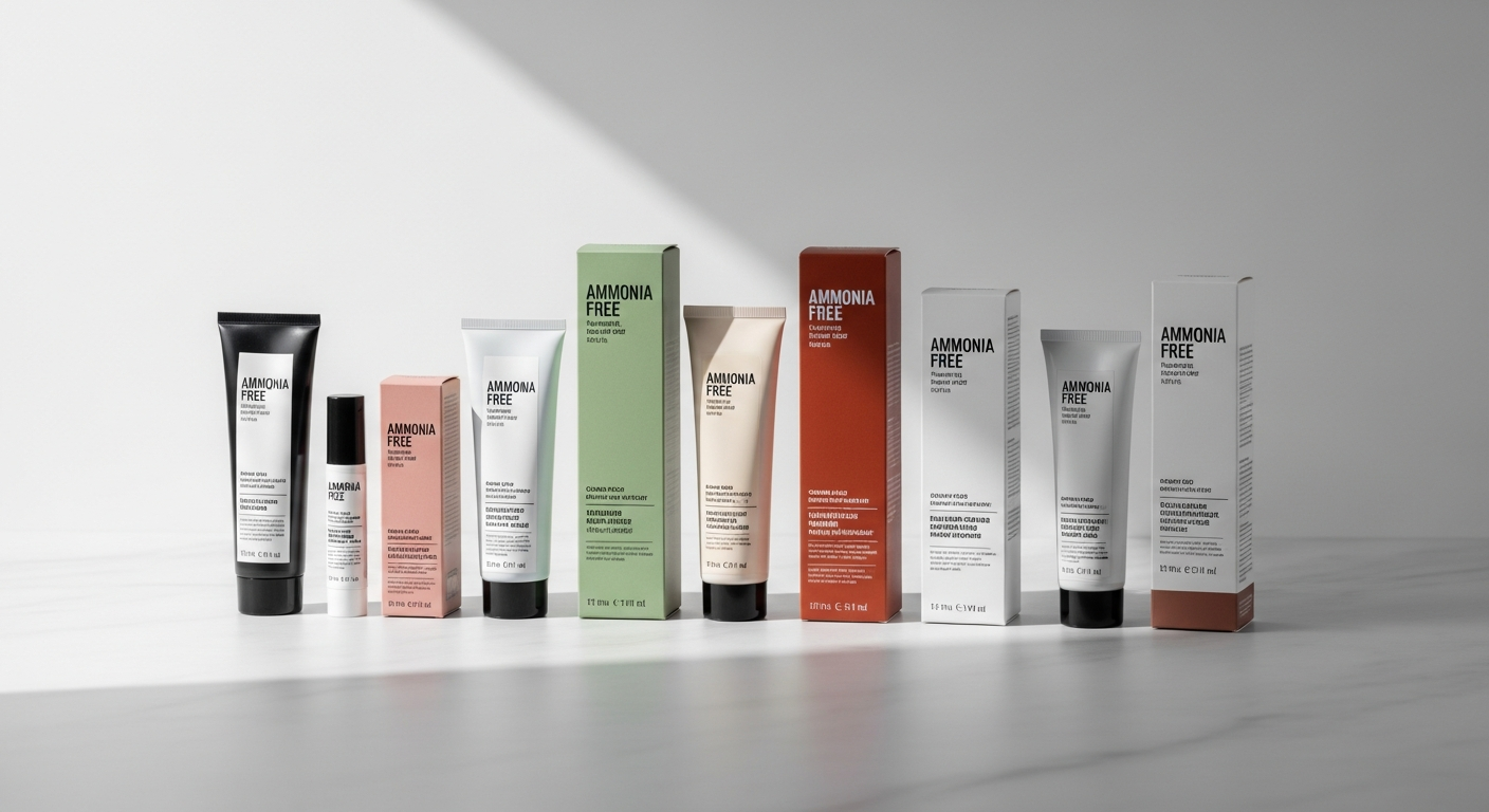 Gamme de produits de coloration professionnelle sans ammoniaque disposes sur une surface claire