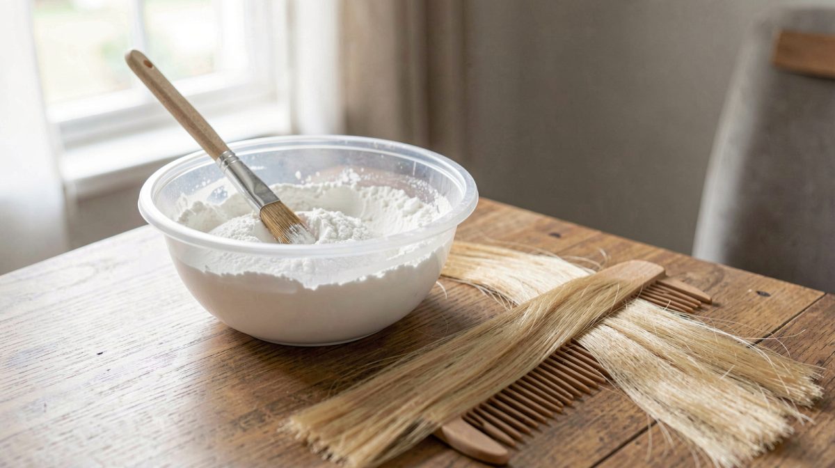 Bol de poudre décolorante avec pinceau teinture et mèche blonde sur un peigne