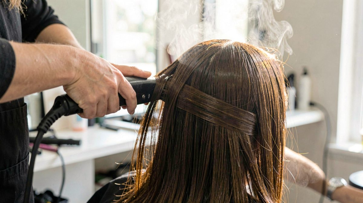 Coiffeur passant le fer à lisser sur une mèche de cheveux bruns en salon, vapeur légère