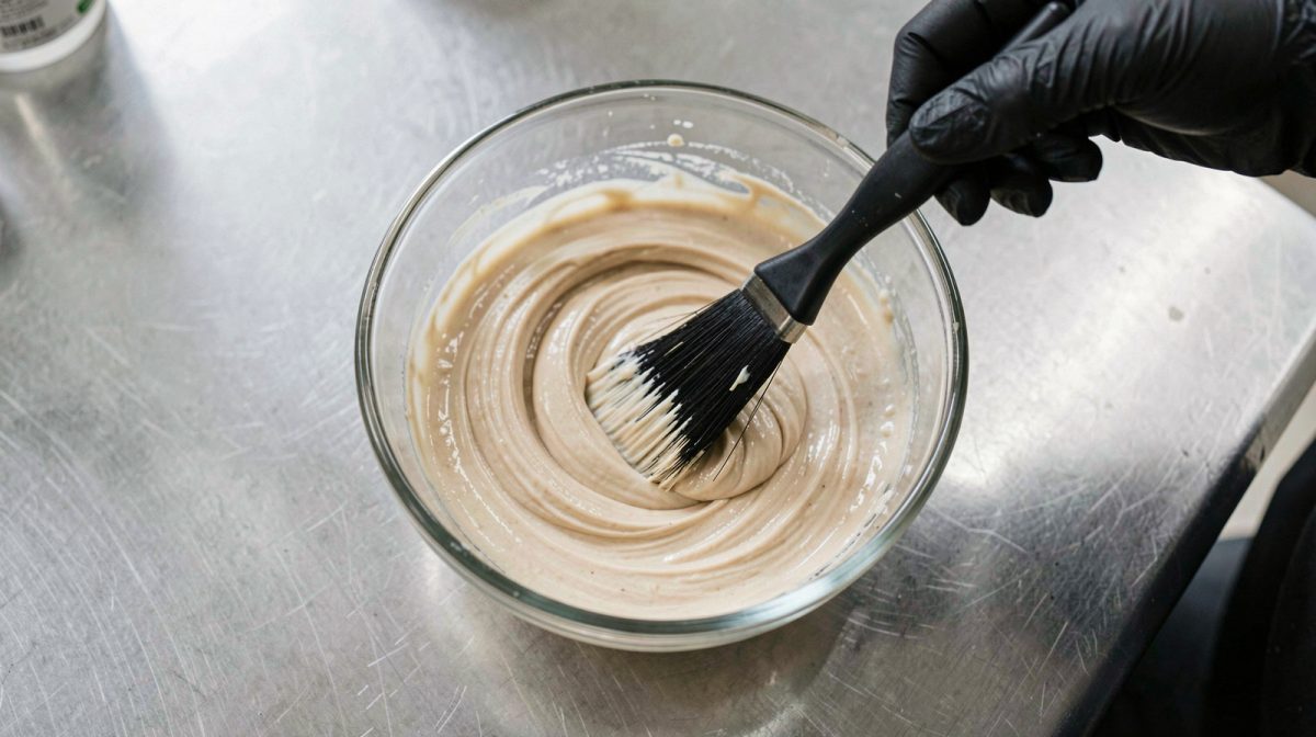 Bol de crème colorante mélangée au pinceau teinture, geste de coloriste en salon