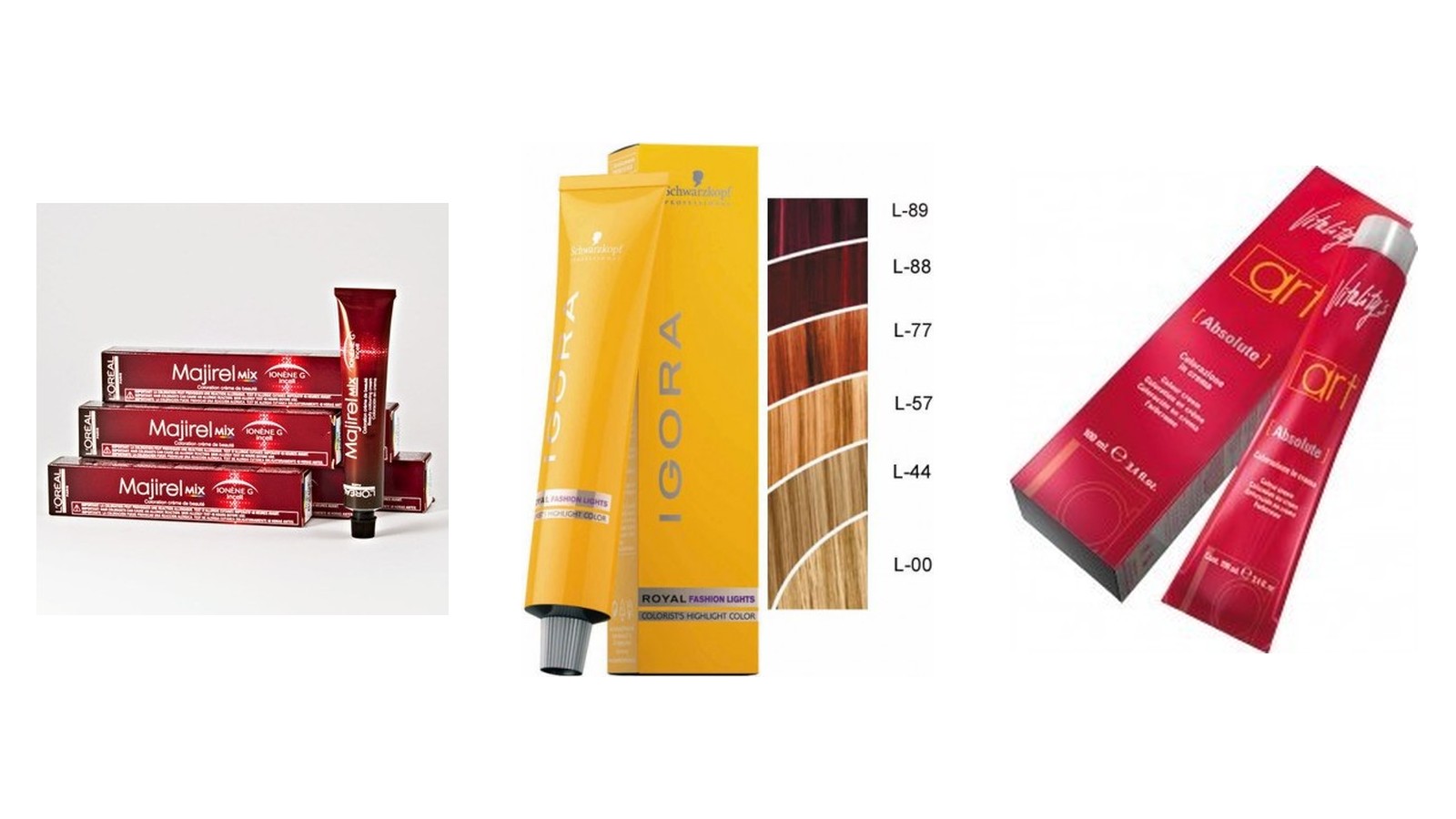 Boîtes de coloration Majirel, Igora Royal et Art Absolute