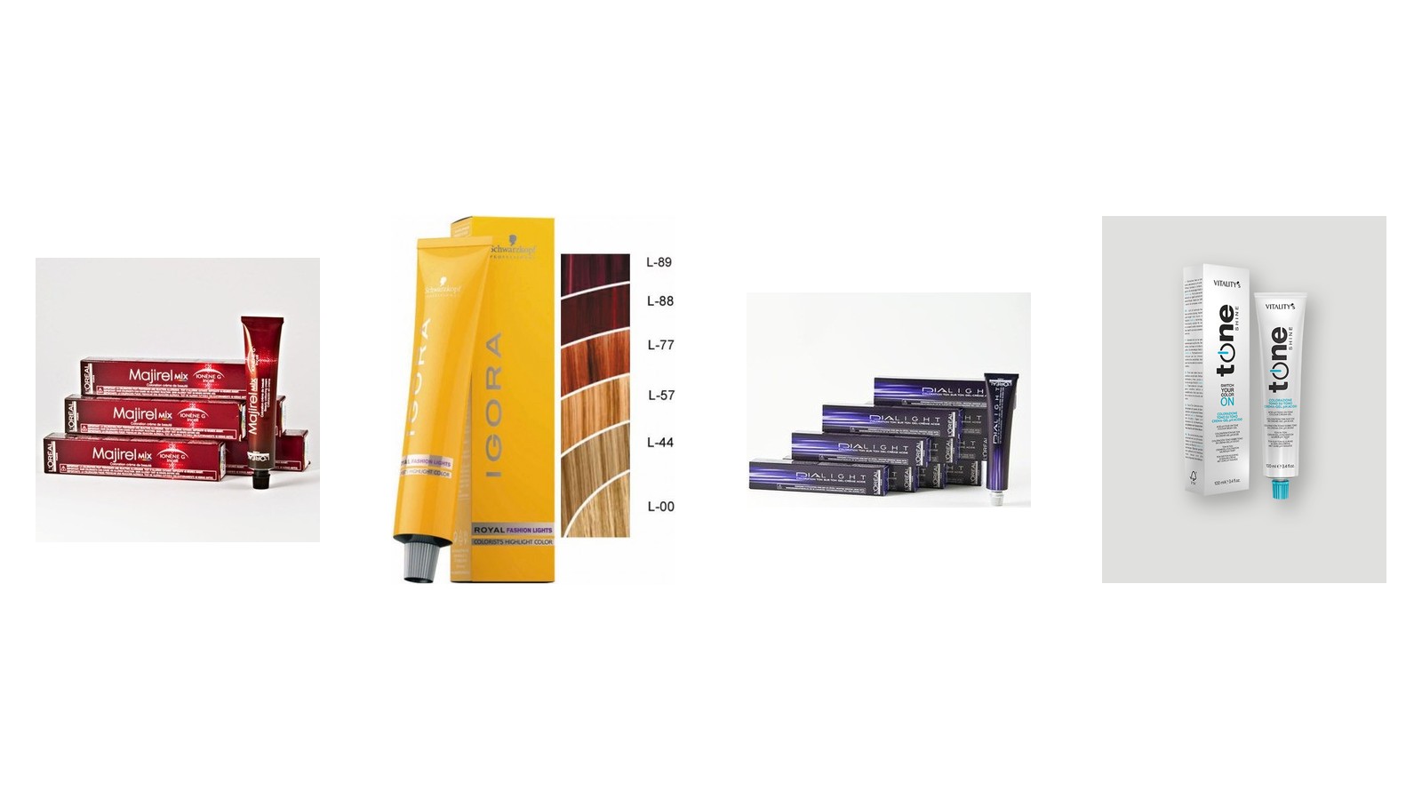 Boîtes de coloration Majirel, Igora Royal, Dia Light et Tone Shine