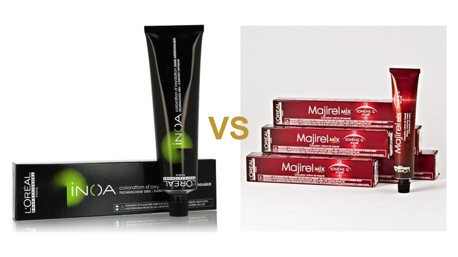 Boîtes de coloration INOA et Majirel de L'Oréal Professionnel côte à côte